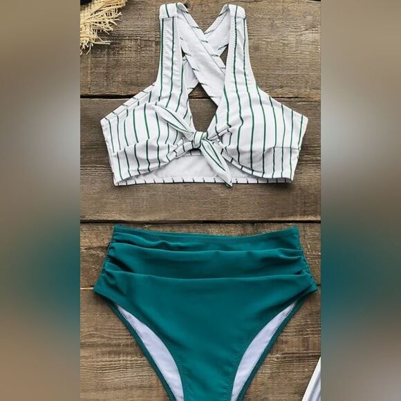 Cupshe teal solid & striped high waisted bikini various sizes - Picture 1 of 4